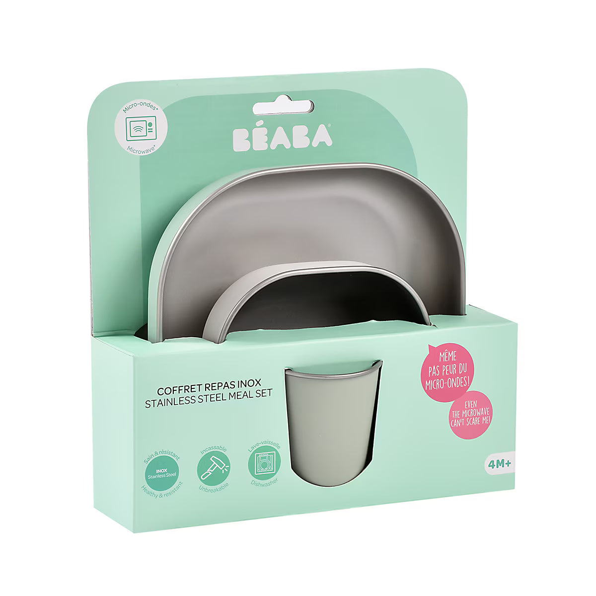 Béaba - Vajilla 3 Piezas Acero Inox y Silicona - Blanco/Verde