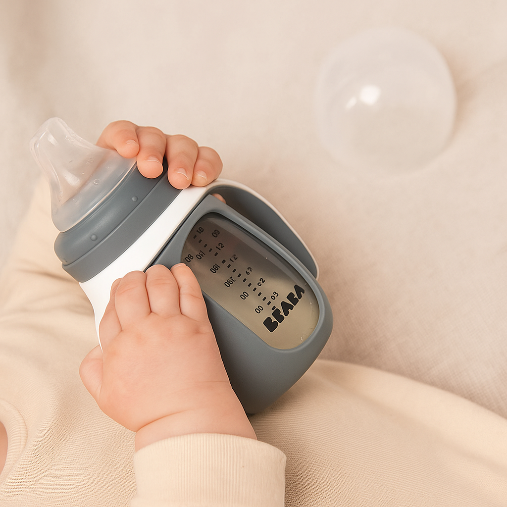 Béaba - Biberón de Aprendizaje 2 en 1 -  Cristal 210 ml - Antracita (Gris)