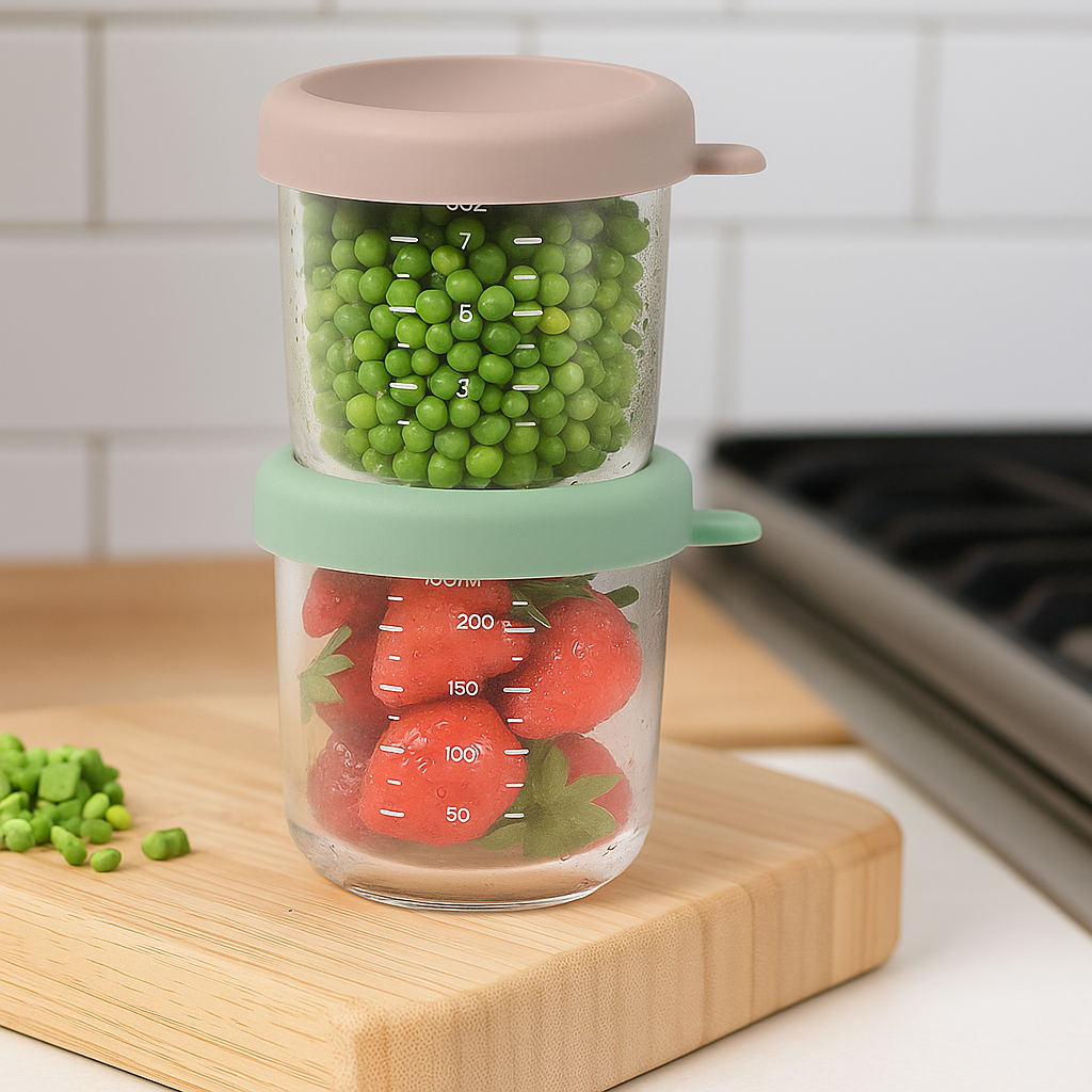 Béaba - Juego de 2 Botes de Cristal 250 ml - Gris/Verde