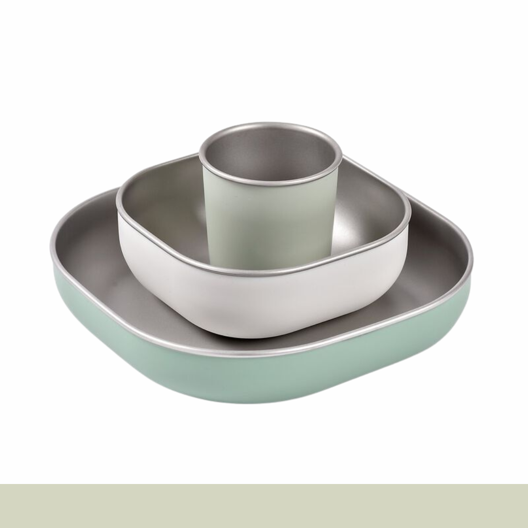 Béaba - Vajilla 3 Piezas Acero Inox y Silicona - Blanco/Verde