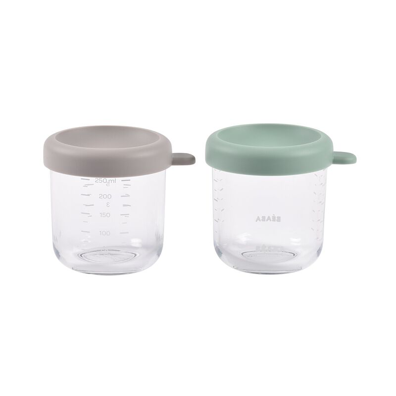 Béaba - Juego de 2 Botes de Cristal 250 ml - Gris/Verde