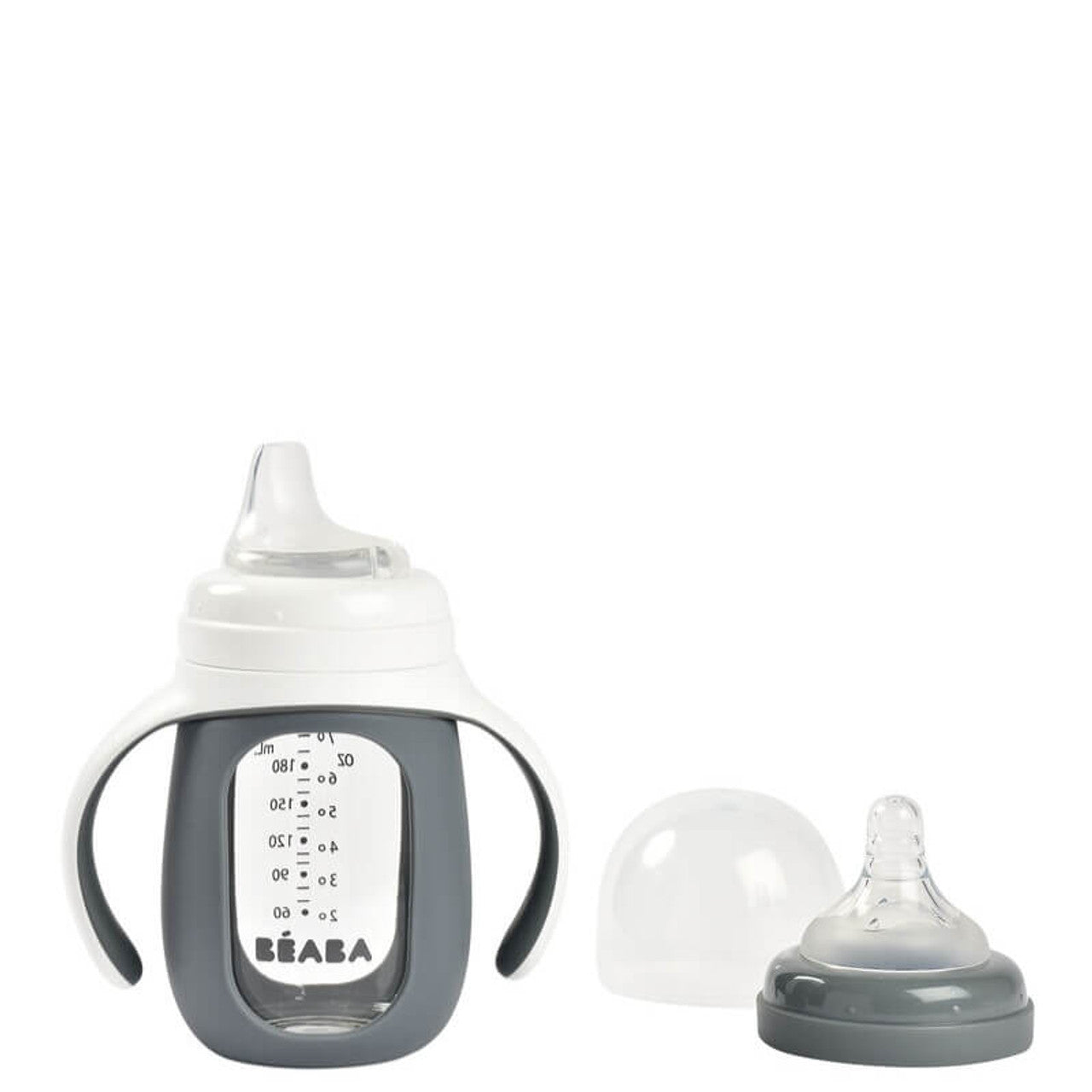 Béaba - Biberón de Aprendizaje 2 en 1 -  Cristal 210 ml - Antracita (Gris)
