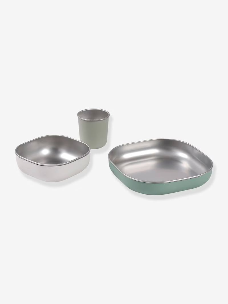 Béaba - Vajilla 3 Piezas Acero Inox y Silicona - Blanco/Verde