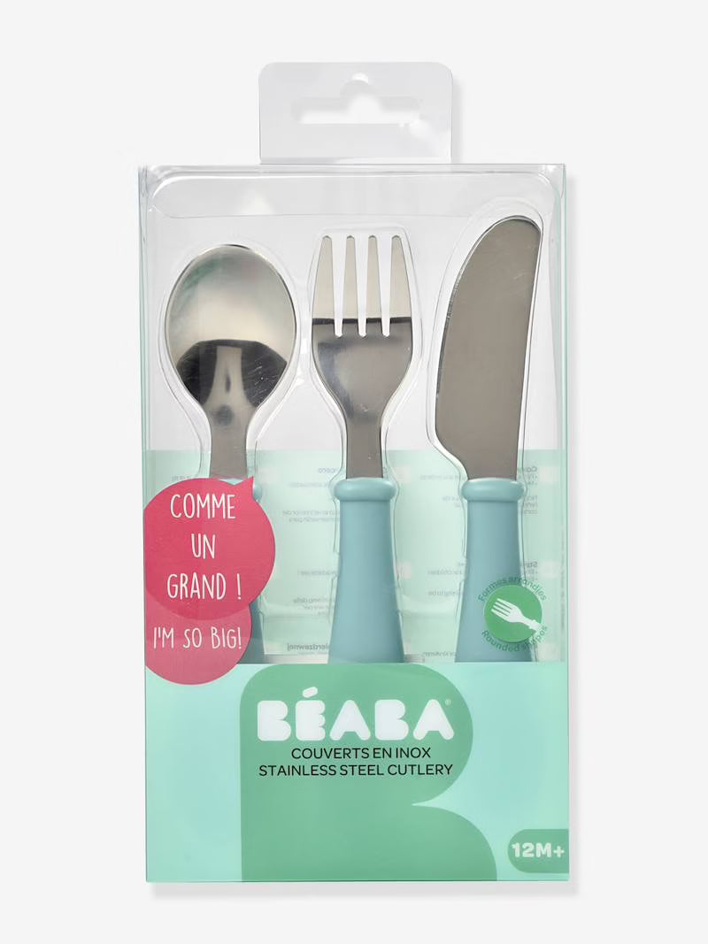 Béaba - Set 3 Cubiertos Infantiles Acero Inox - Azul Claro