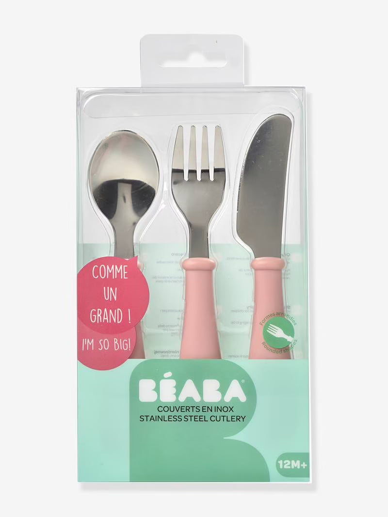Béaba - Set 3 Cubiertos Infantiles Acero Inox - Rosa Claro