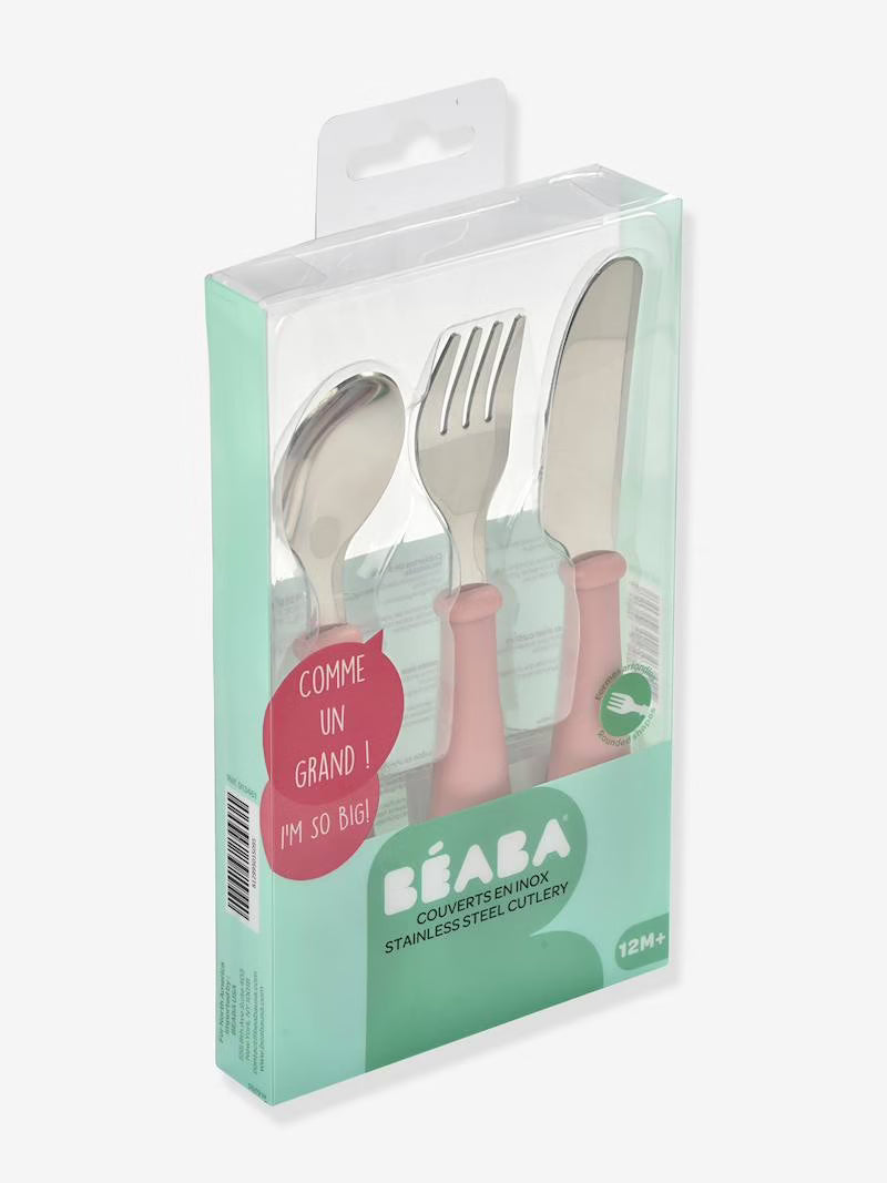 Béaba - Set 3 Cubiertos Infantiles Acero Inox - Rosa Claro