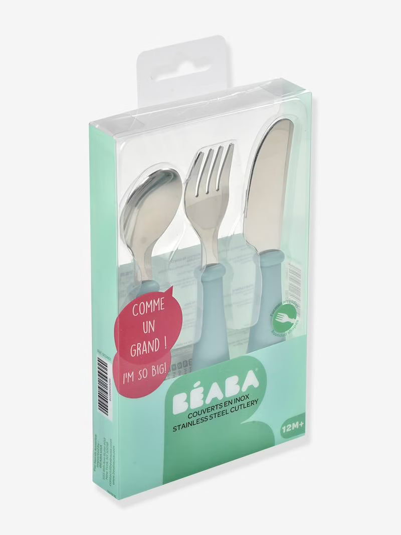 Béaba - Set 3 Cubiertos Infantiles Acero Inox - Azul Claro