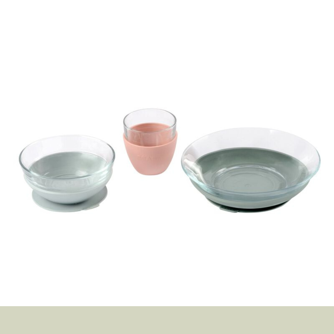 Béaba - Vajilla 3 Piezas Cristal y Silicona - Eucalipto