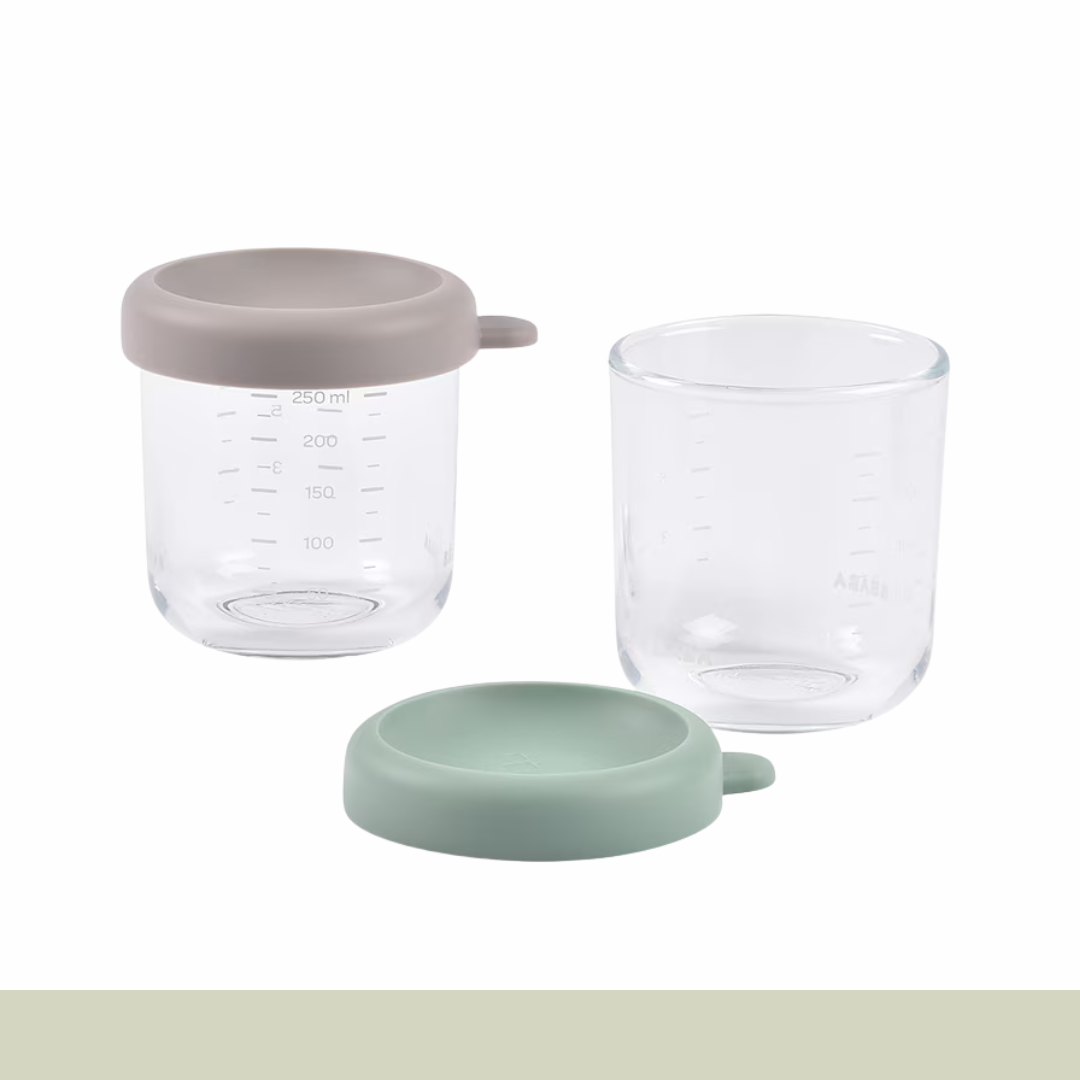 Béaba - Juego de 2 Botes de Cristal 250 ml - Gris/Verde