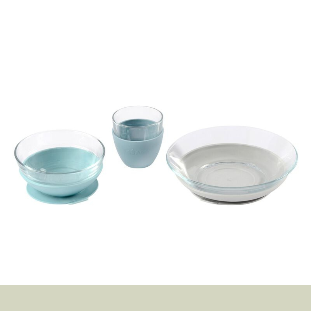 Béaba - Vajilla 3 Piezas Cristal y Silicona - Verde