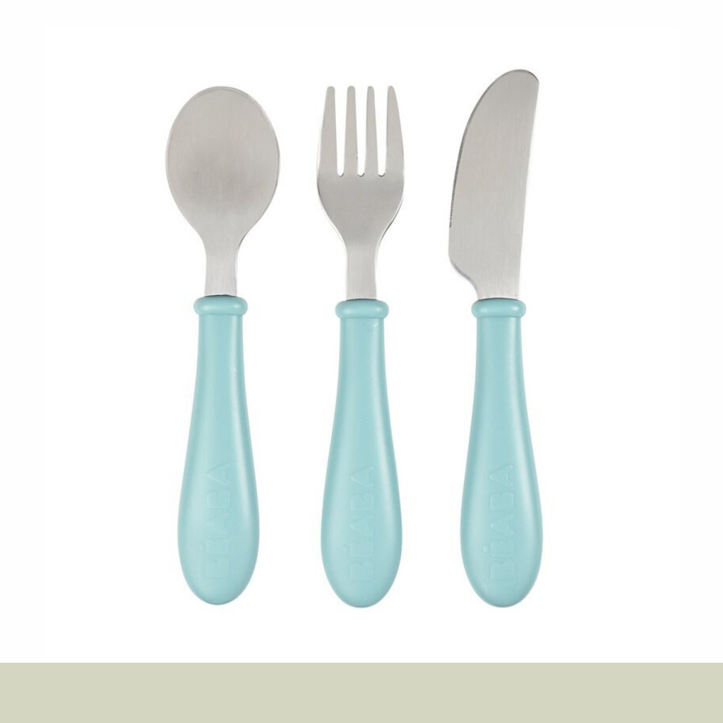 Béaba - Set 3 Cubiertos Infantiles Acero Inox - Azul Claro