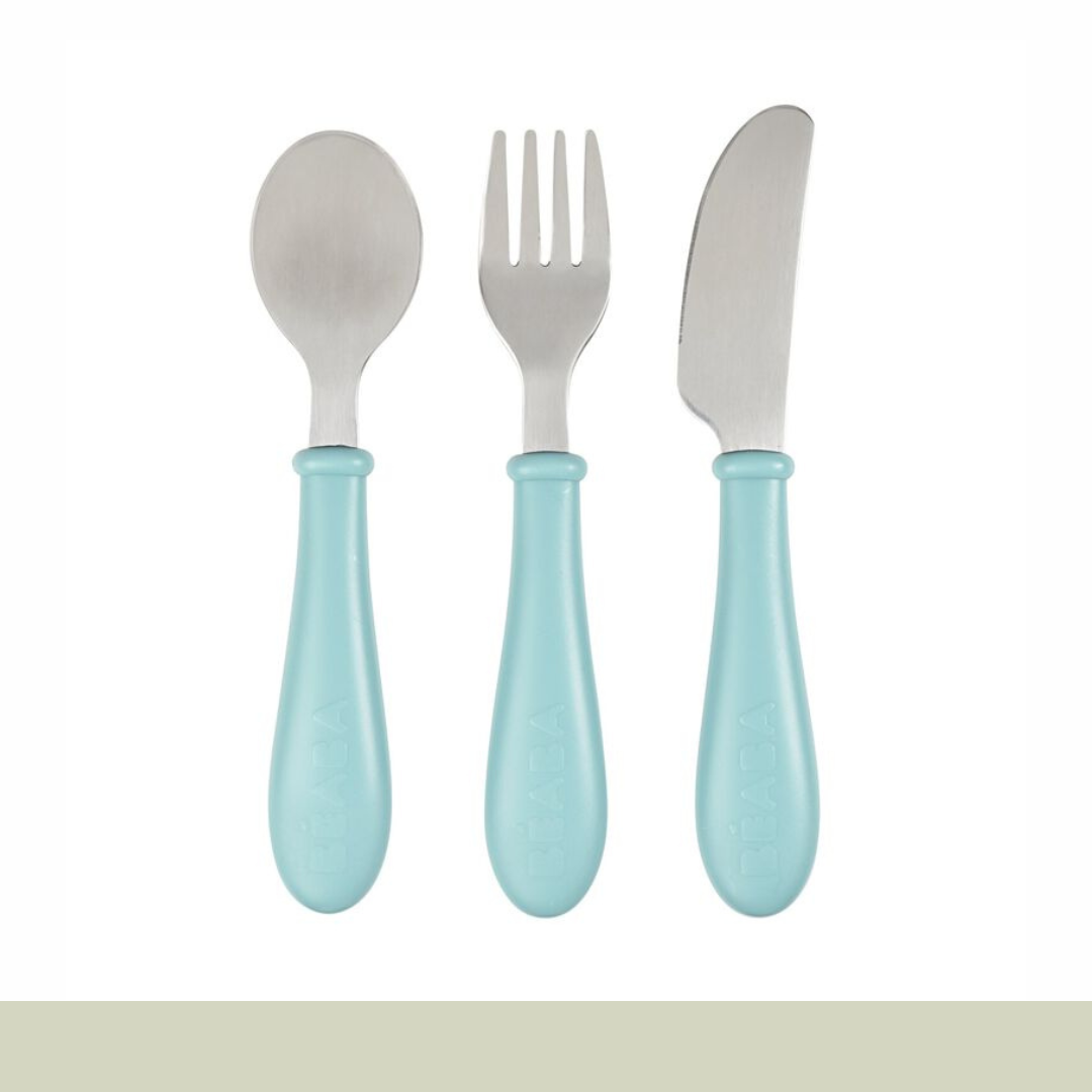 Béaba - Set 3 Cubiertos Infantiles Acero Inox - Azul Claro