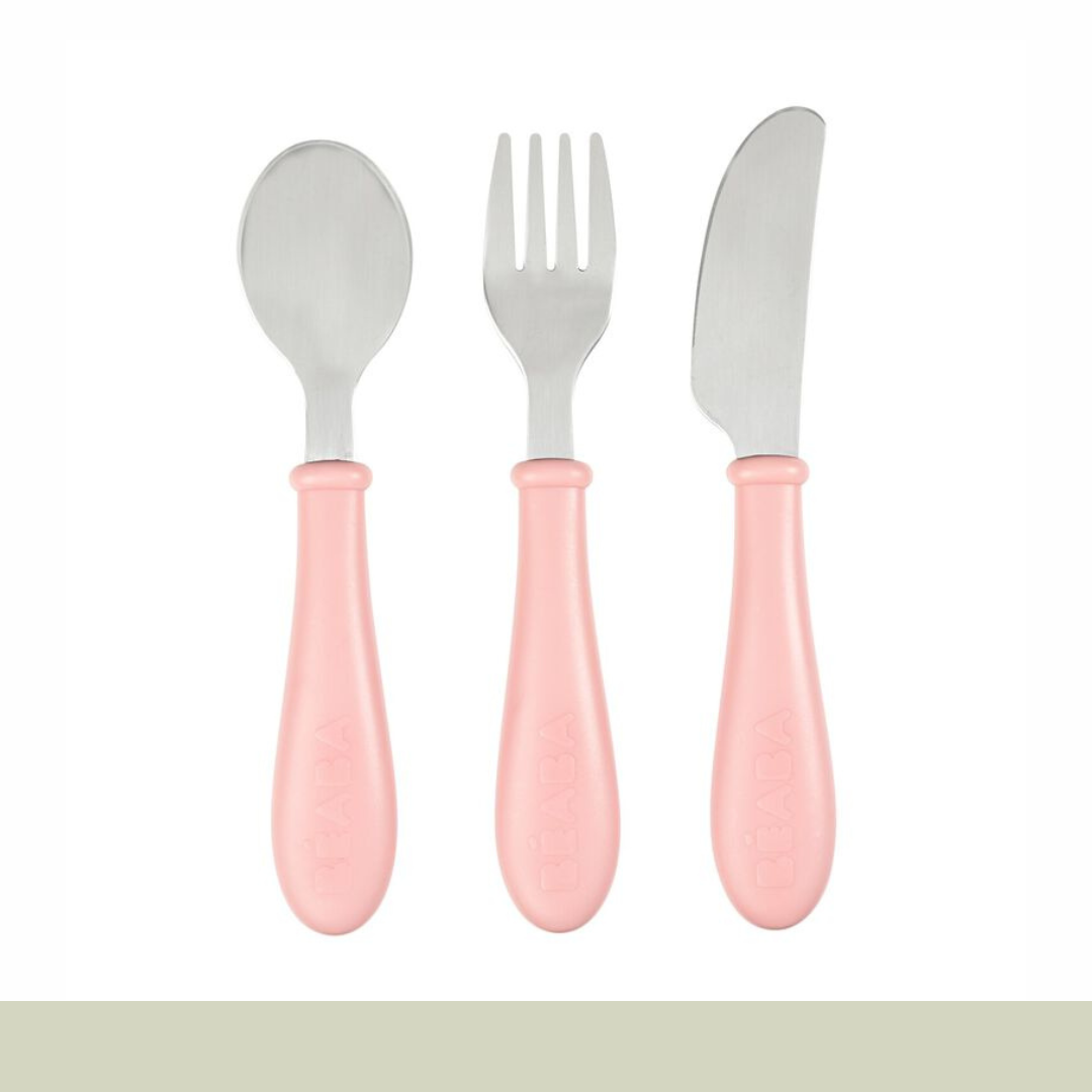Béaba - Set 3 Cubiertos Infantiles Acero Inox - Rosa Claro