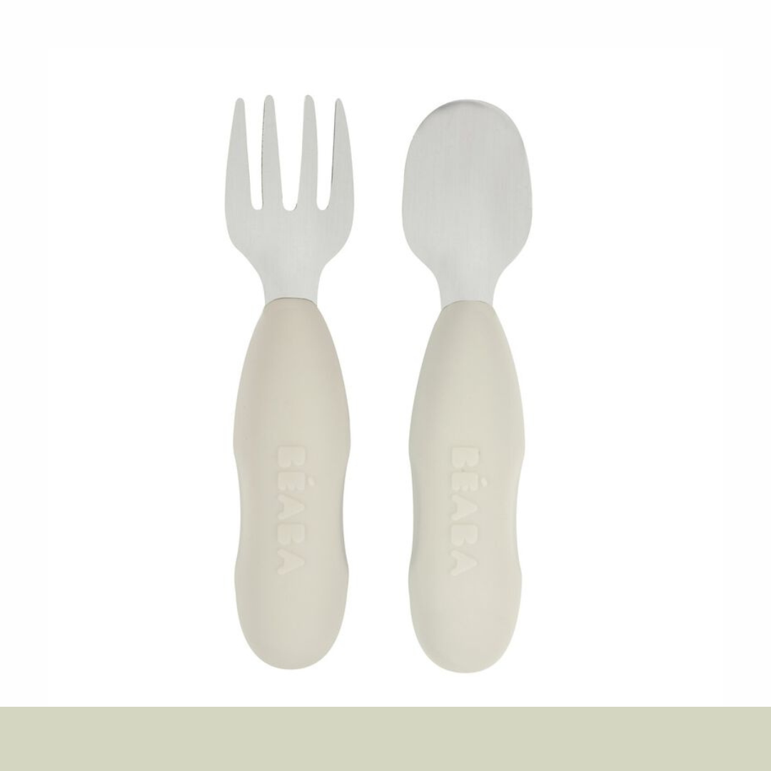 Béaba - Set 2 Cubiertos de Acero Inoxidable y Silicona - Gris