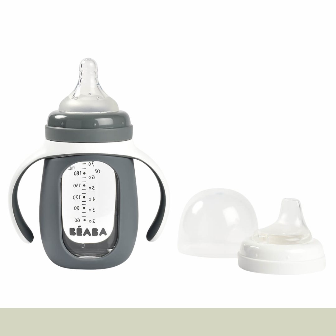 Béaba - Biberón de Aprendizaje 2 en 1 -  Cristal 210 ml - Antracita (Gris)